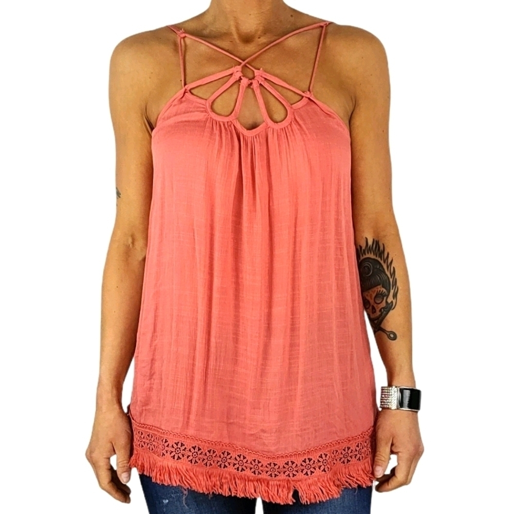 Doe&Rae Fringe Hem Sleeveless Loose Fit Tunic Size Small Pink